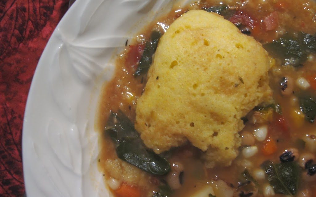 Lucky Stew (or Golden Hominy and Corn Stew with Cornmeal Dumplings)