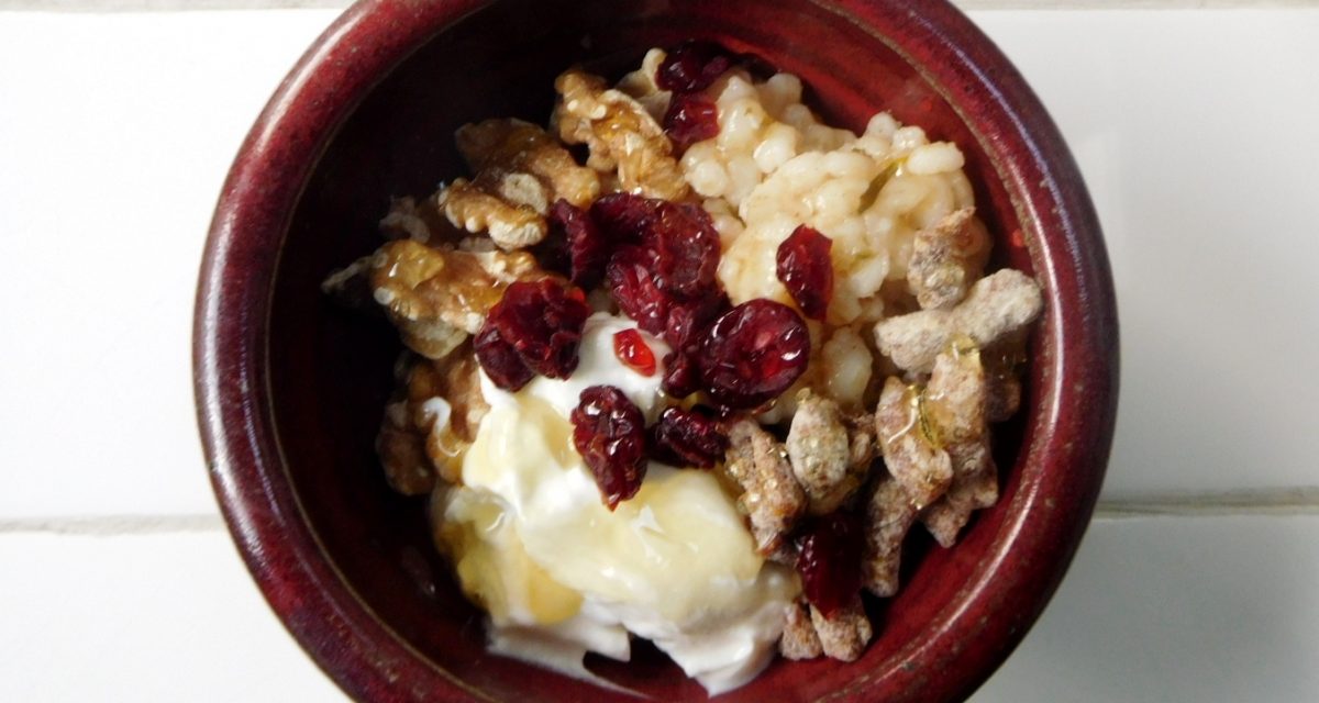 Greek Barley with Dates, Walnuts and Spice with Greek Yogurt