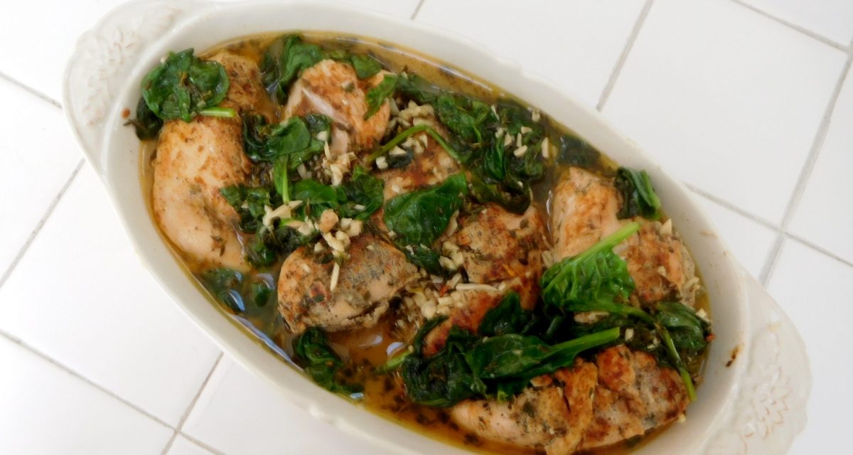 Paprika Chicken and Spinach with White Wine Butter Thyme Sauce